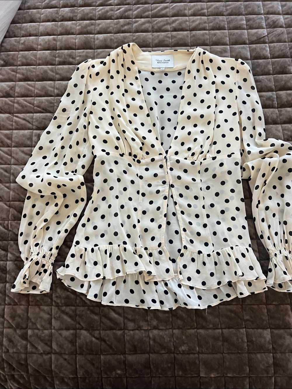 Reformation Cream and Black Polka Dot Ruffle Blouse